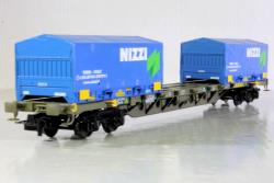 Rivarossi HO - art. HR 6615 - FS CEMAT Carro pianale a 4 assi serie Sgnss con due container Nizzi Trasporti - invecchiato -  Epoca V-VI
